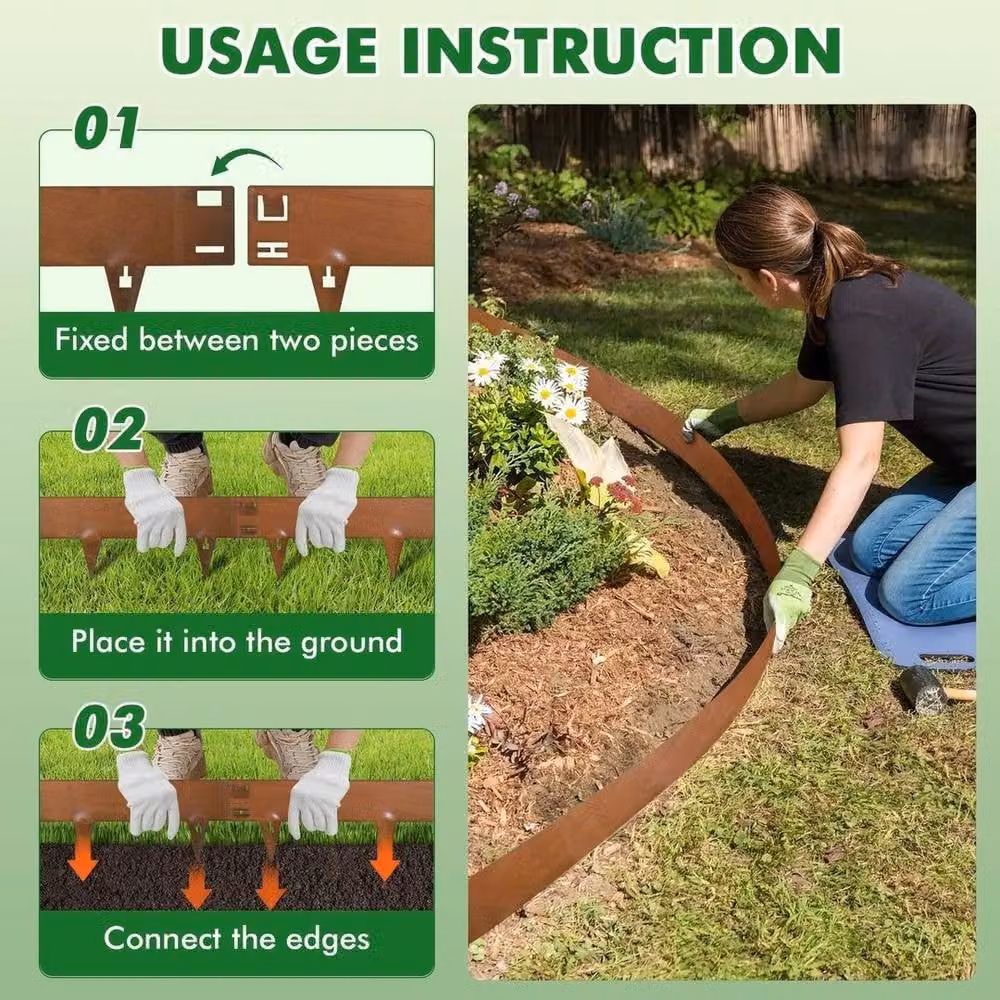 EONLION Flexible Steel Lawn Edging Set in Brown – 3
