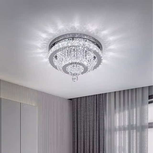 Komore Silver Round Suspended Ceiling Light with Double Crystal Rings and Stainless Steel Pendants
