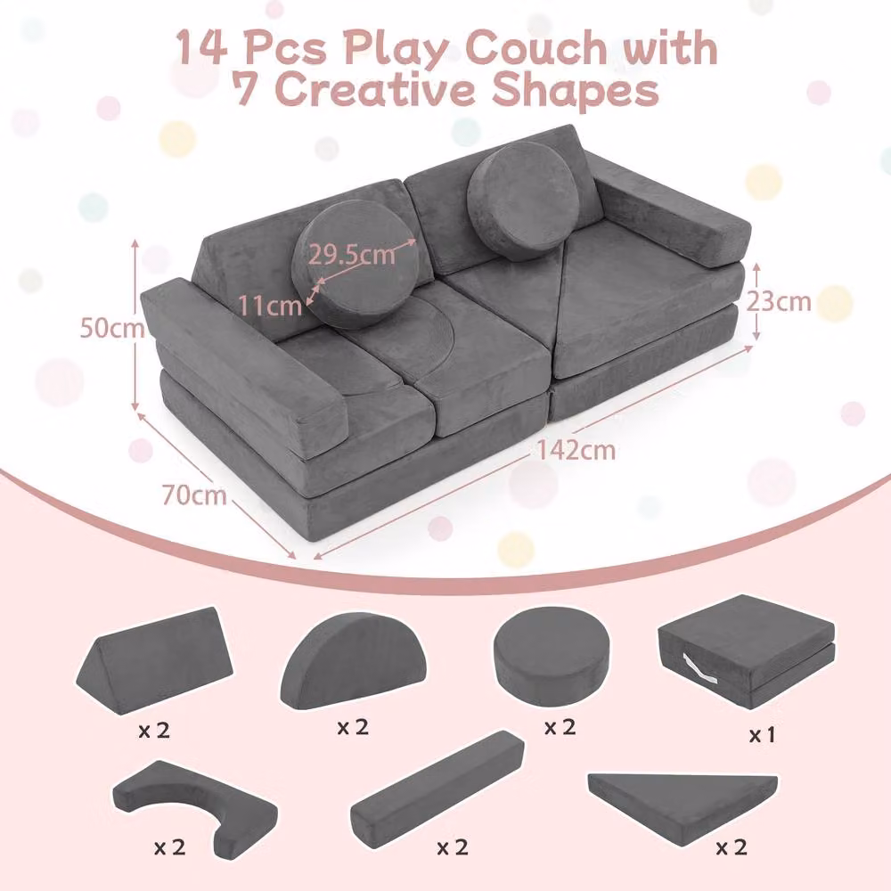 Costway 14 Piece Modular Kids Play Couch Sectional Sofa in Grey Microfibre Fabric – 2