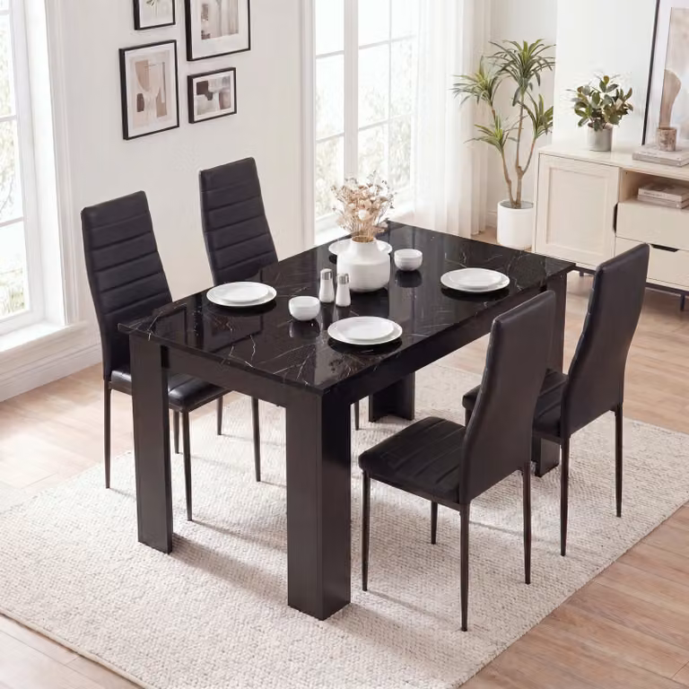 DHS Modern Glossy Black Marble Finish Rectangular Dining Table and 4 Chairs Set