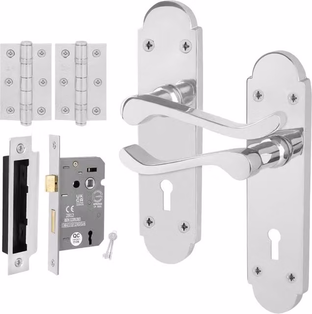 AFIT Polished Chrome Door Handle Lock Set with Silver Hinges, 1 Pair