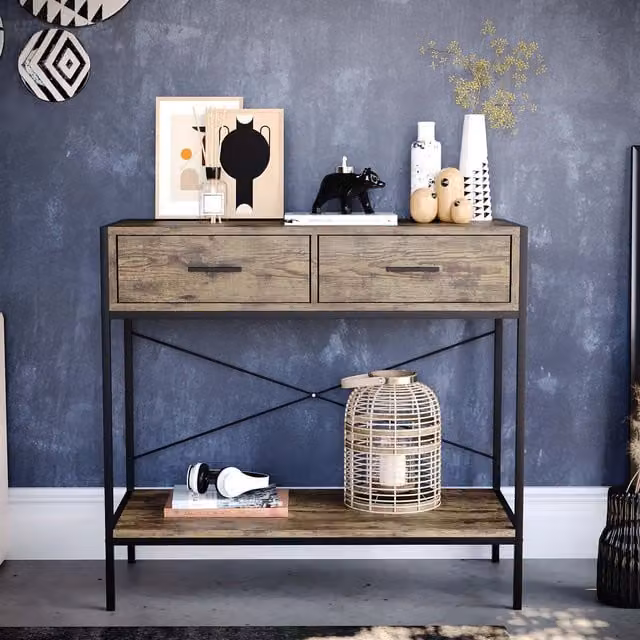 Vida Designs Brooklyn 2 Drawer Industrial Console Table in Brown and Grey Wood and Metal