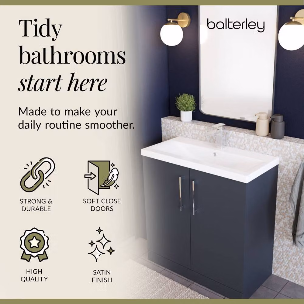 Balterley Modern Bathroom Floor Standing Vanity Unit with 2 Soft Close Doors and Rectangular Mid-Edge Basin, Dark Grey, W: 80 cm, D: 39 cm, H: 84 cm – 7