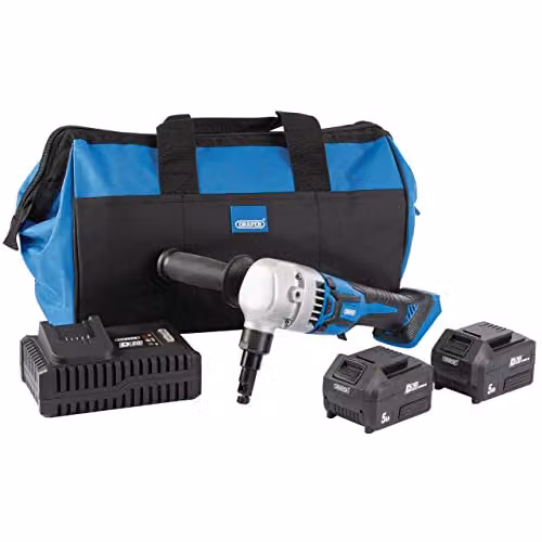 Draper 99732 D20 20V Brushless Nibbler Kit in Blue with 2 x 5Ah Rechargeable Batteries, Charger and Bag