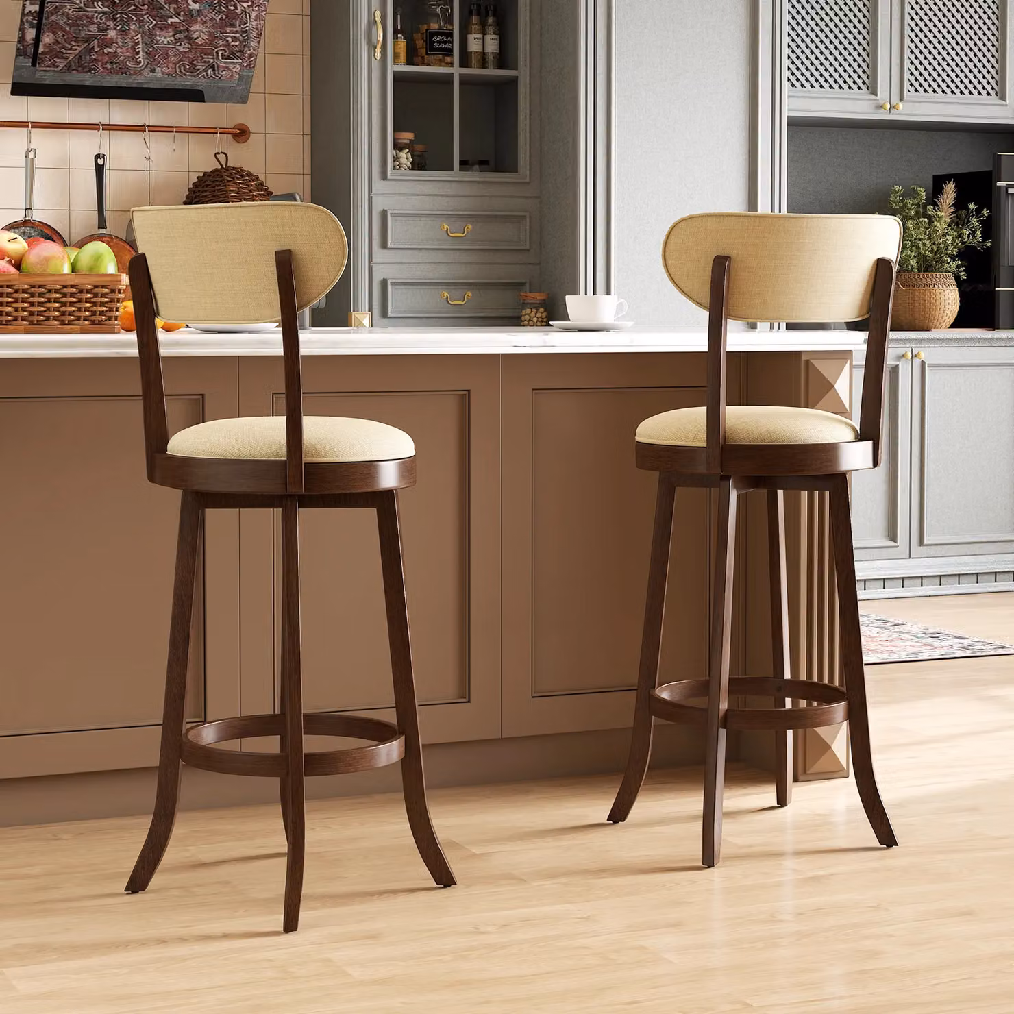 Costway Set of 2 Beige Swivel Counter Height Stools with Fabric Upholstery and Rubberwood Legs – 3