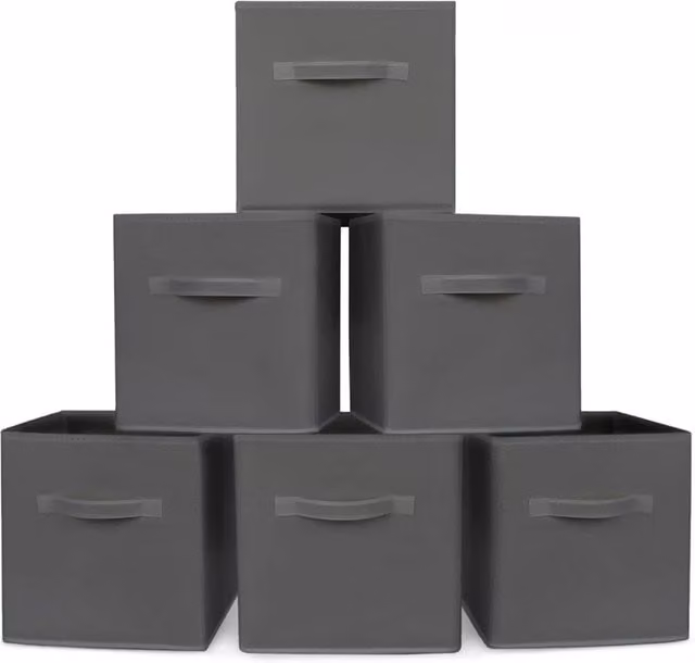 Nordara Set of 6 Foldable Fabric Storage Cube Boxes with Handles in Grey – 1