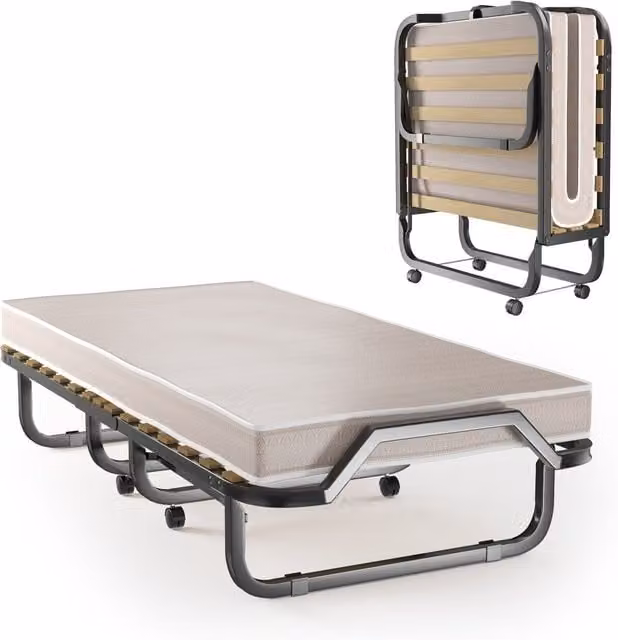 Gymax Portable Metal Folding Guest Bed with 10cm Memory Foam Mattress, Grey, W/D/H: 90 x 200 cm – 1