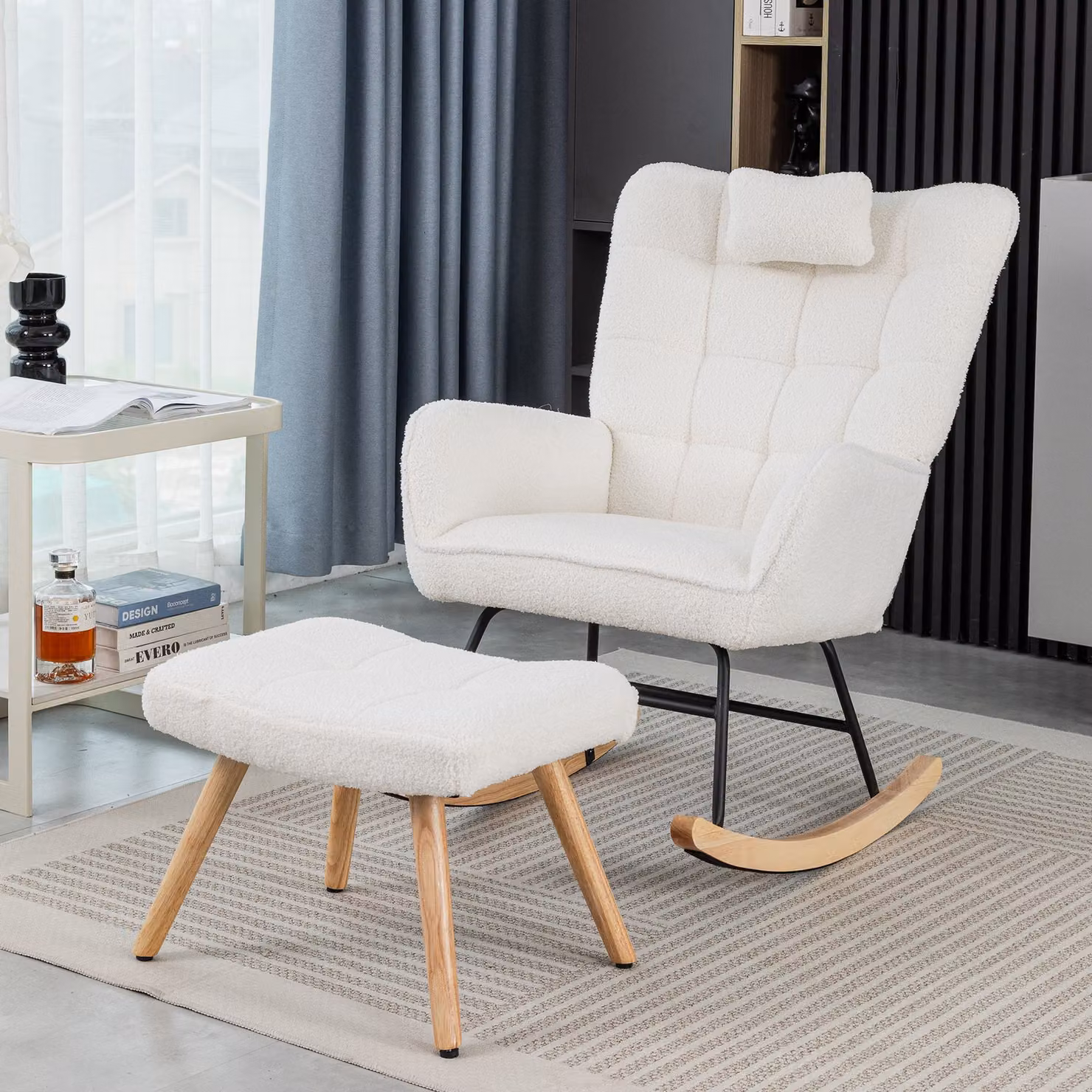 Aosom.UK White Bouclé High Back Ergonomic Recliner Rocking Chair with Footrest and Solid Wood Legs, W/D/H: 65 x 93 x 92 cm – 5