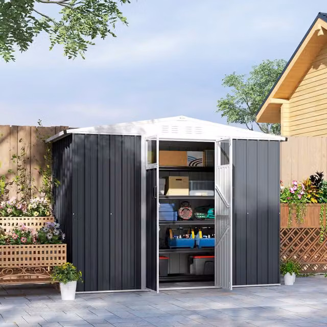 Outsunny Galvanised Steel Tool Storage Shed with Double Doors and Window in Anthracite Grey, W: 243.84 cm, D: 121.92 cm, H: 200 cm