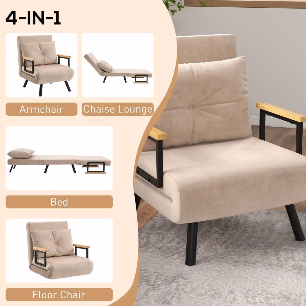Wyld Haus Elvael 4 in 1 Convertible Single Chair Bed in Beige Velvet with Metal Frame and Armrests – 3