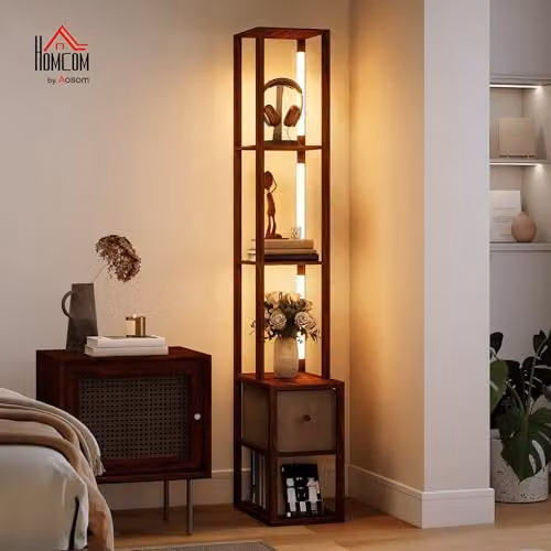 HOMCOM Dimmable LED Floor Lamp with Shelves and Fabric Drawer in Brown – 2