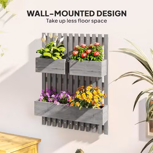 Outsunny Wall-mounted Wooden Garden Planters with Trellis in Grey – 3