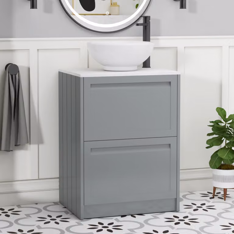 Royal Bathrooms Elmore 600mm Matt Pebble Grey Floor Standing Countertop Vanity Unit with 2 Drawers and Breeze Basin