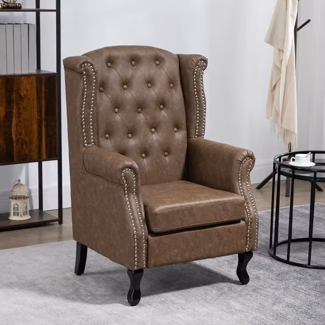 HOMCOM Brown Synthetic Leather Chesterfield Wingback Armchair with Nailhead Trim and Solid Wood Frame