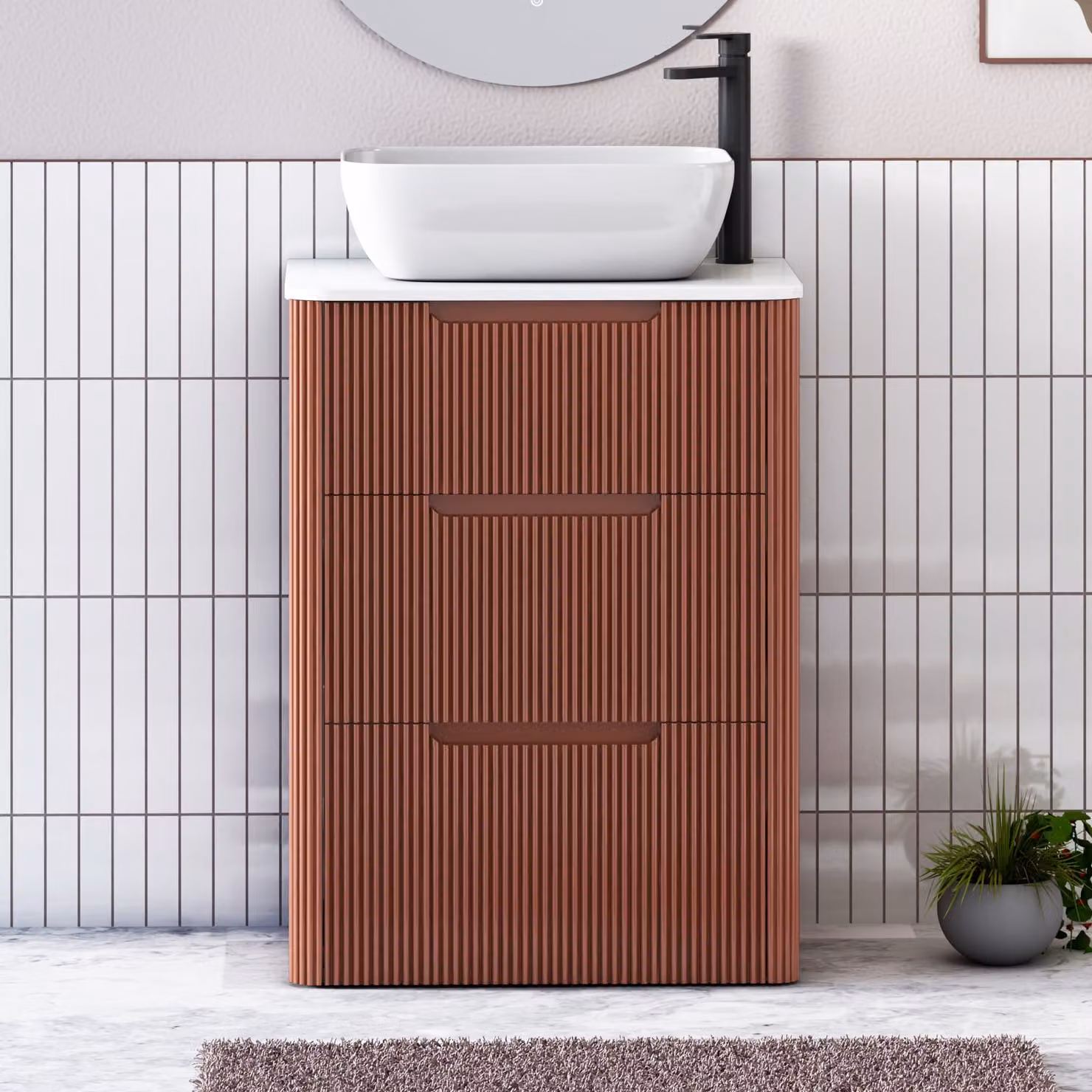 Royal Bathrooms Avenza 600mm Terracotta Clay Floor Standing Vanity Unit with 3 Drawers, Plain White Worktop and Elva Basin
