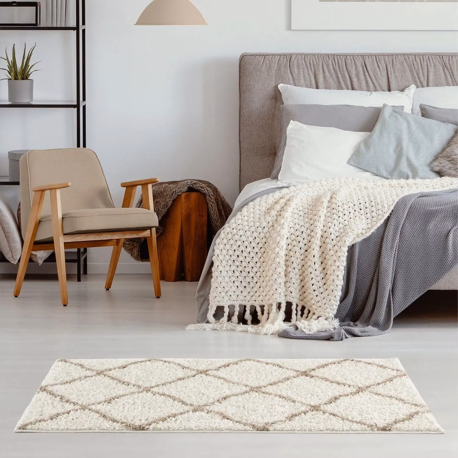 THE RUGS Moroccan Soft High Pile Shaggy Lattice Rug, Ivory, W: 200 cm, L: 290 cm – 4