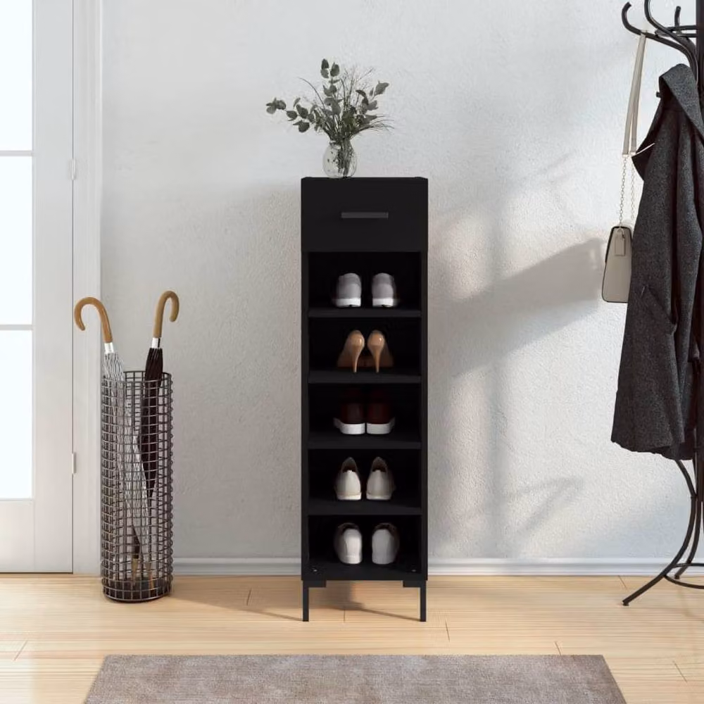Berkfield Home Modern Black Shoe Cabinet with Hinged Doors and Open Shelves, W/D/H: 30 x 35 x 105 cm – 2