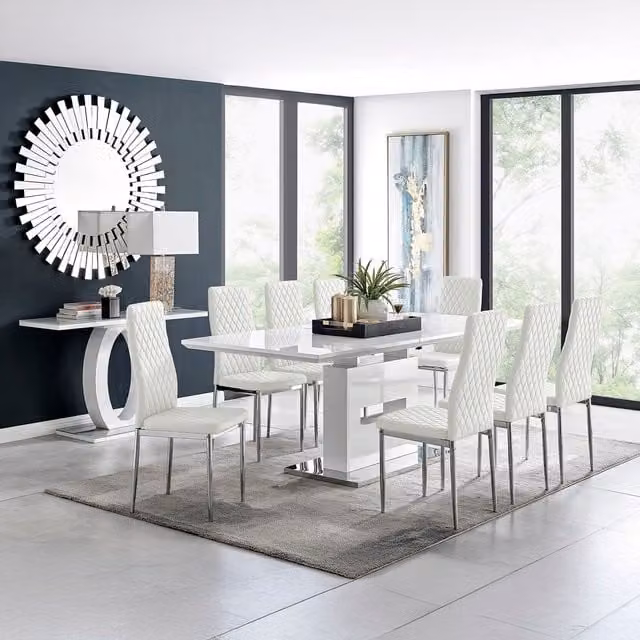FurnitureboxUK Arezzo Large Extending Dining Table and 8 Milan Chairs in White
