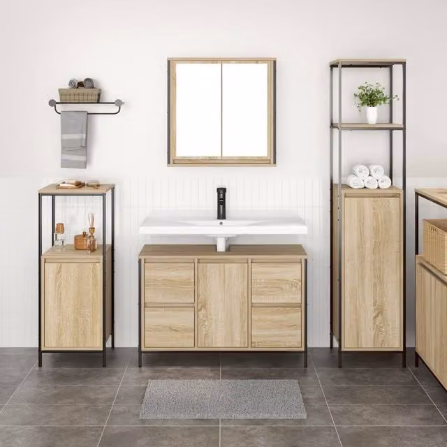 Berkfield Home 3 Piece Modern Bathroom Furniture Set in Brown Sonoma Oak Engineered Wood – 1