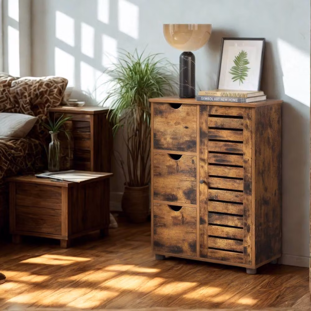 Pirlo Plush Brown Vintage Bathroom Floor Cabinet with 3 Drawers and Hinged Doors – 5