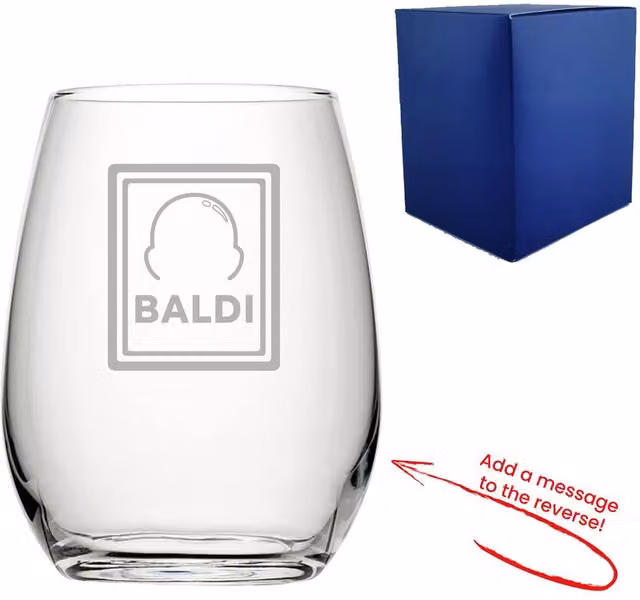 Uniqueful Personalised Engraved Stemless Wine Glass with Baldi Design Message in Clear Glass