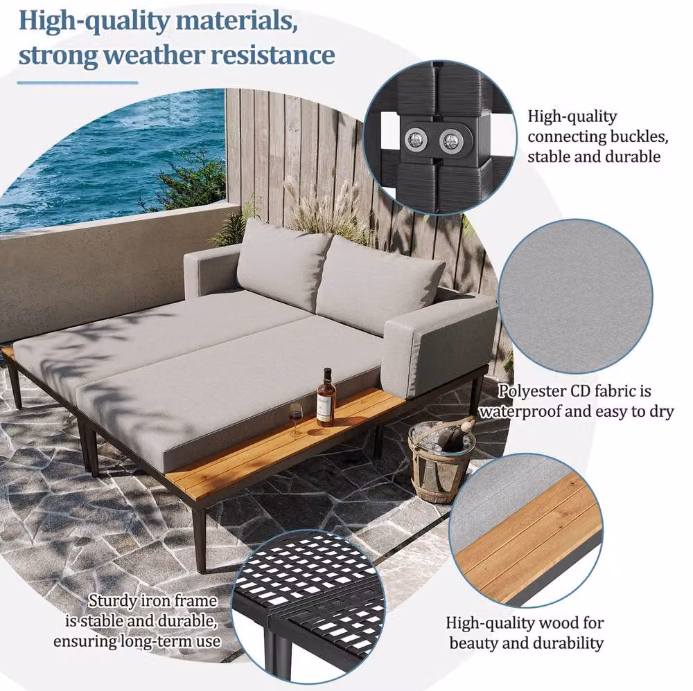 STILVORA Modular Outdoor Double Chaise Lounge with Wooden Side Panels in Grey, W/D/H: 28.5 x 150 x 140 cm – 4