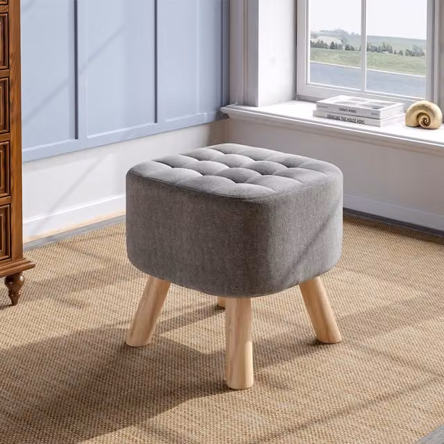 Livingandhome Grey Linen Square Tufted Footstool with Wooden Legs