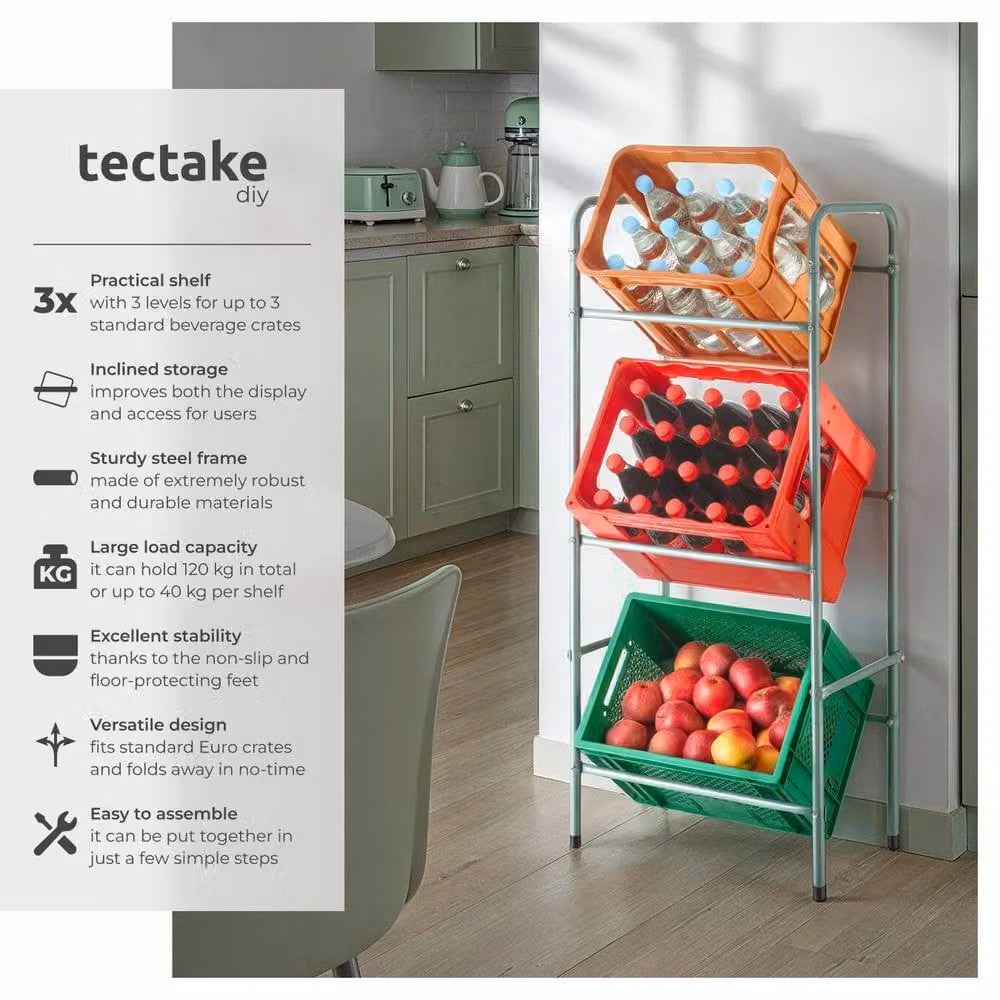 tectake Grey Metal Shelving Rack for 3 Crates, W/D/H: 50 x 33 x 116 cm – 2