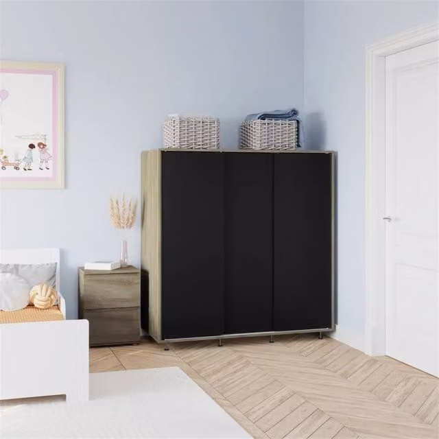 FORGEVIO Oak Wardrobe with Black Hinged Doors and Hanging Rail, W/D/H: 120 x 51.5 x 120 cm – 1