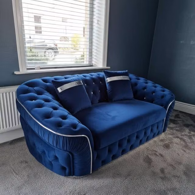 Stratus Interiors Ambassador Chesterfield Sofa in Blue Plush Velvet with Silver Trim