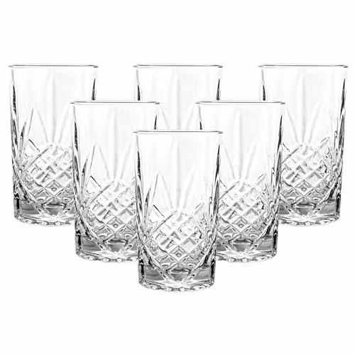 Simpa Set of 6 Geometric Retro Style Highball Tumbler Glasses, 365ml, Transparent