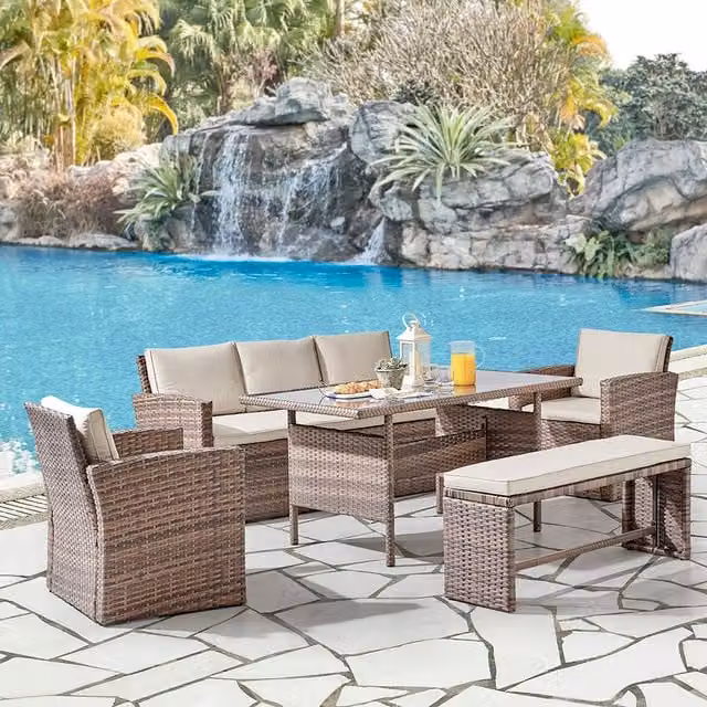 GRS Petra 5-Piece Rattan Dining Set with Glass Top in Brown and Grey