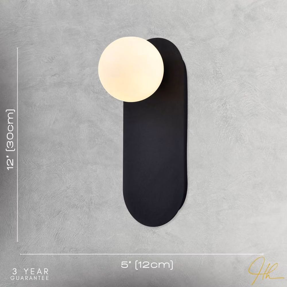 Happy Homewares Matte Black LED Wall Light with White Spherical Glass Shade – 4