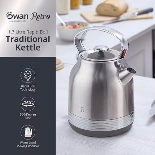 Swan SK14631SS Retro Traditional Kettle in Silver Stainless Steel, 1.7L, 3KW, with Removable Limescale Filter – 2