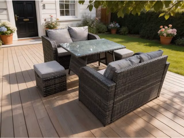 Fimous Rattan Garden Furniture Set with Oblong Dining Table and Love Sofa in Dark Grey