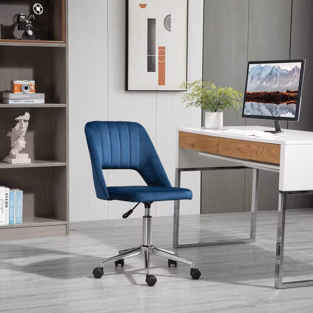 ERGOVEXA Armless Velvet Task Chair in Blue with Swivel and Castors, H 91 cm x W 60 cm x D 49 cm – 4