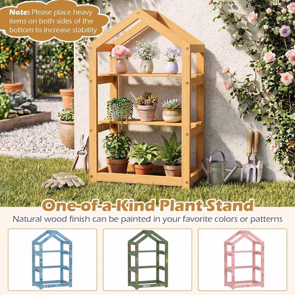 Costway 2-Tier Acacia Wood House-Shaped Corner Plant Stand in Brown or Sand – 6
