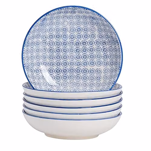 Nicola Spring Floral Patterned Porcelain Pasta Bowls, Blue, Pack of 6, Diameter: 22 cm – 1