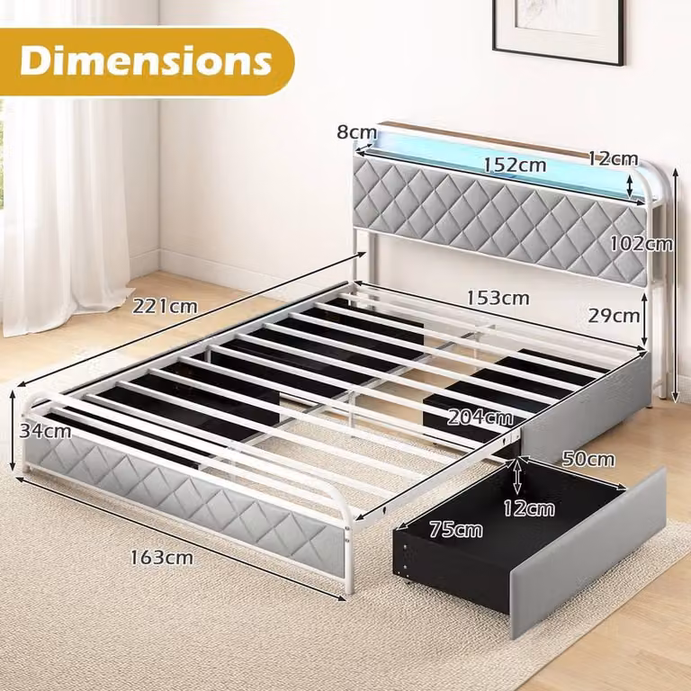 KORVIXA Modern White Faux-Leather Upholstered King-Size Platform Bed with USB Charging Port, Bedside Shelf, Under-Bed Lighting and Drawers, W/D/H: 180 x 200 cm