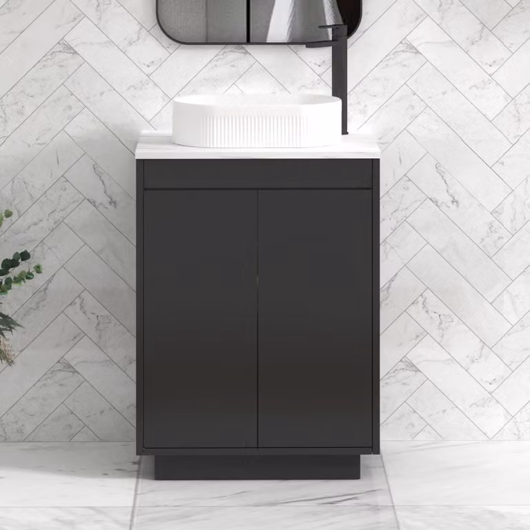 Royal Bathrooms Orion 600mm Matt Obsidian Black Floor Standing 2 Door Vanity Unit with Lyon Basin and Black Accent Trim