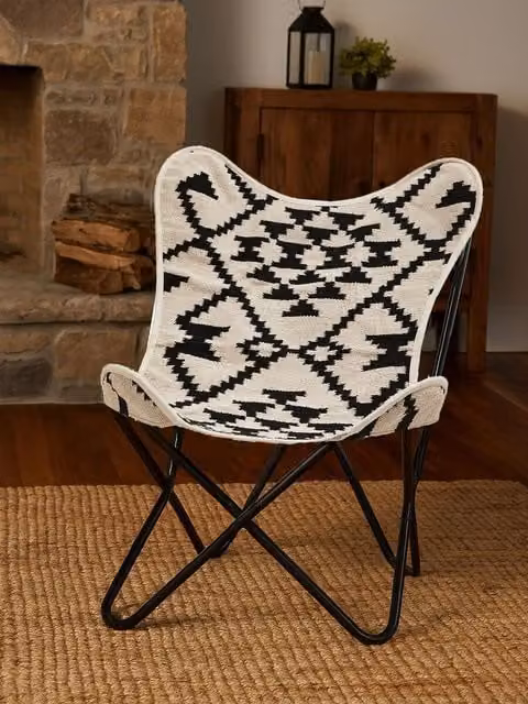Orsina Cefena Butterfly Chair with Multicolour Geometric Fabric Cushions and Metal Frame