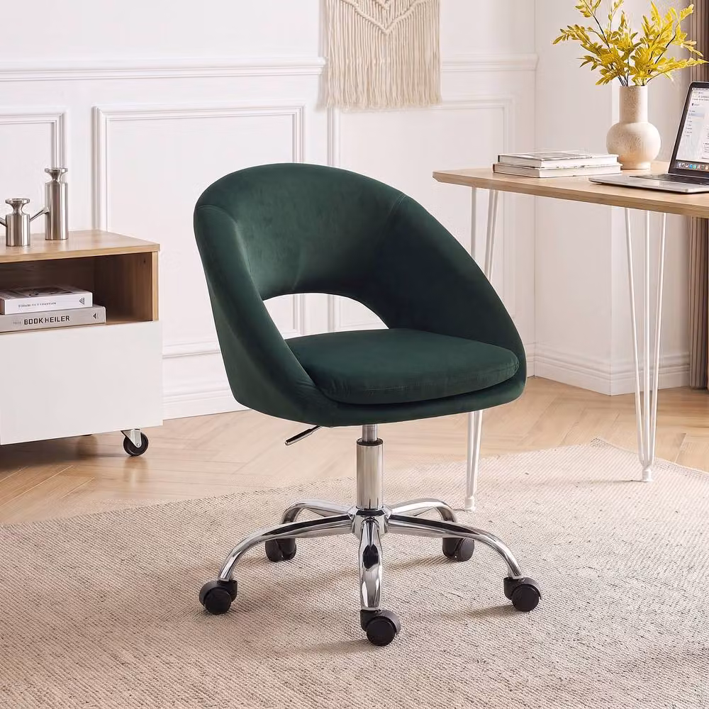 HOMCOM Modern Velvet Task Chair in Green with Height-Adjustable Swivel and Castors – 2