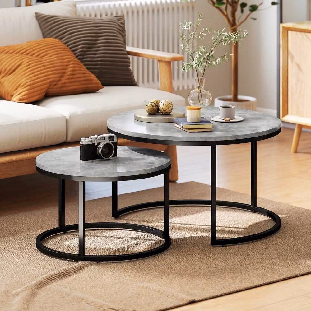 STILVORA Set of 2 Round Nesting Coffee Tables in Grey and Black – 2