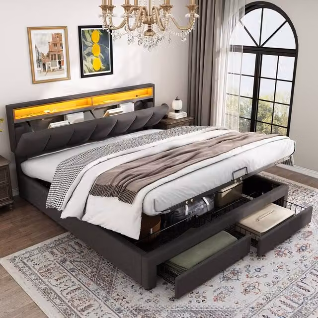 Matteo Super King Upholstered Bed with LED Lighting and Lift Up Base in Grey Linen, W/D/H: 180 x 200 x 102 cm – 1