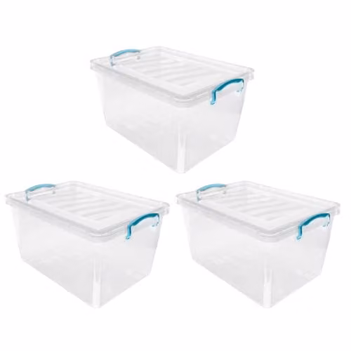 JVL Set of 3 Transparent Plastic Lidded Storage Boxes, 30L, Stackable