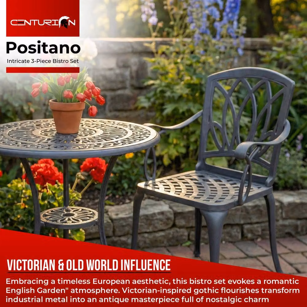 Centurion Supports Positano Grey Cast Aluminium Bistro Set with Round Table and 2 Chairs – 2