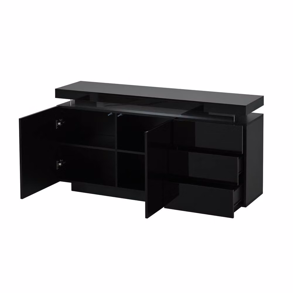 Merax Modern High Gloss LED Sideboard Cabinet in Black with 3 Drawers and 2 Doors – 5