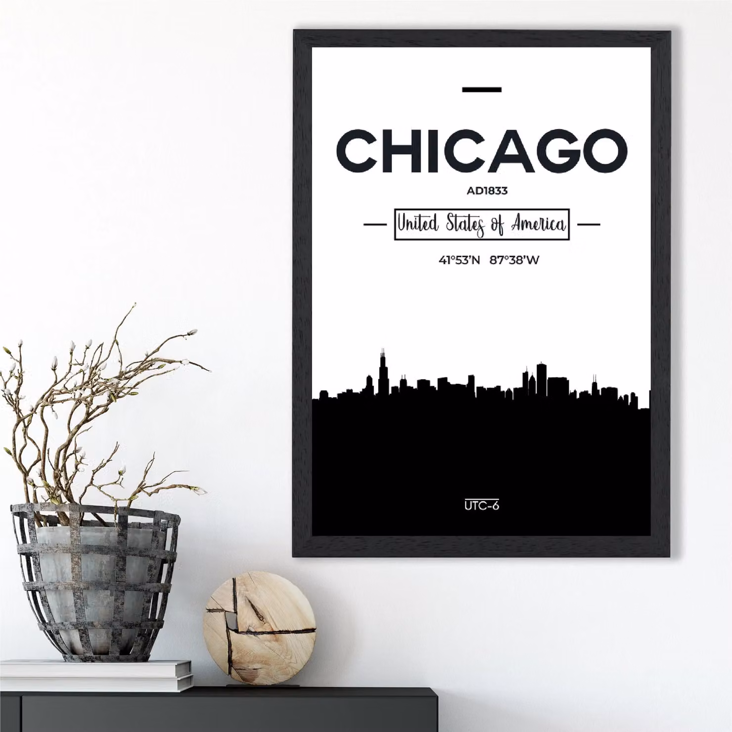 ARTZE Chicago City Skyline Framed Print in Black and White, A2 Size – 2