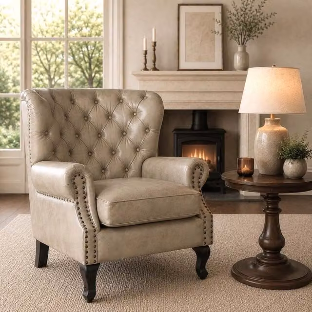 Elm Home and Garden Blenheim Chesterfield Armchair in Grey Synthetic Leather, W/D/H: 84.0 x 103.0 x 86.0 cm