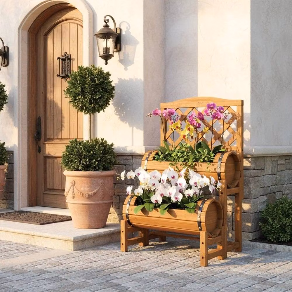 Kelvenix 2 Tier Wooden Raised Bed with Trellis Elevated Planter in Brown, W: 100 cm, D: 40 cm, H: 78 cm – 5